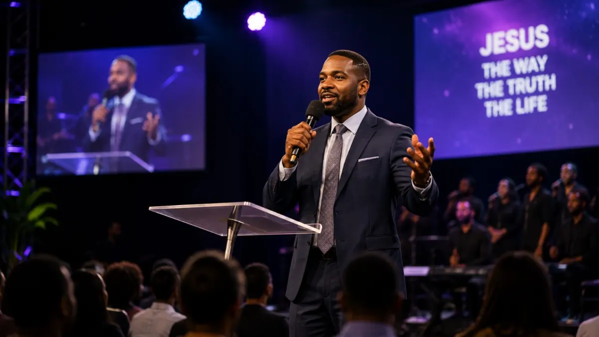 Pastor preaching with a lower third on screen