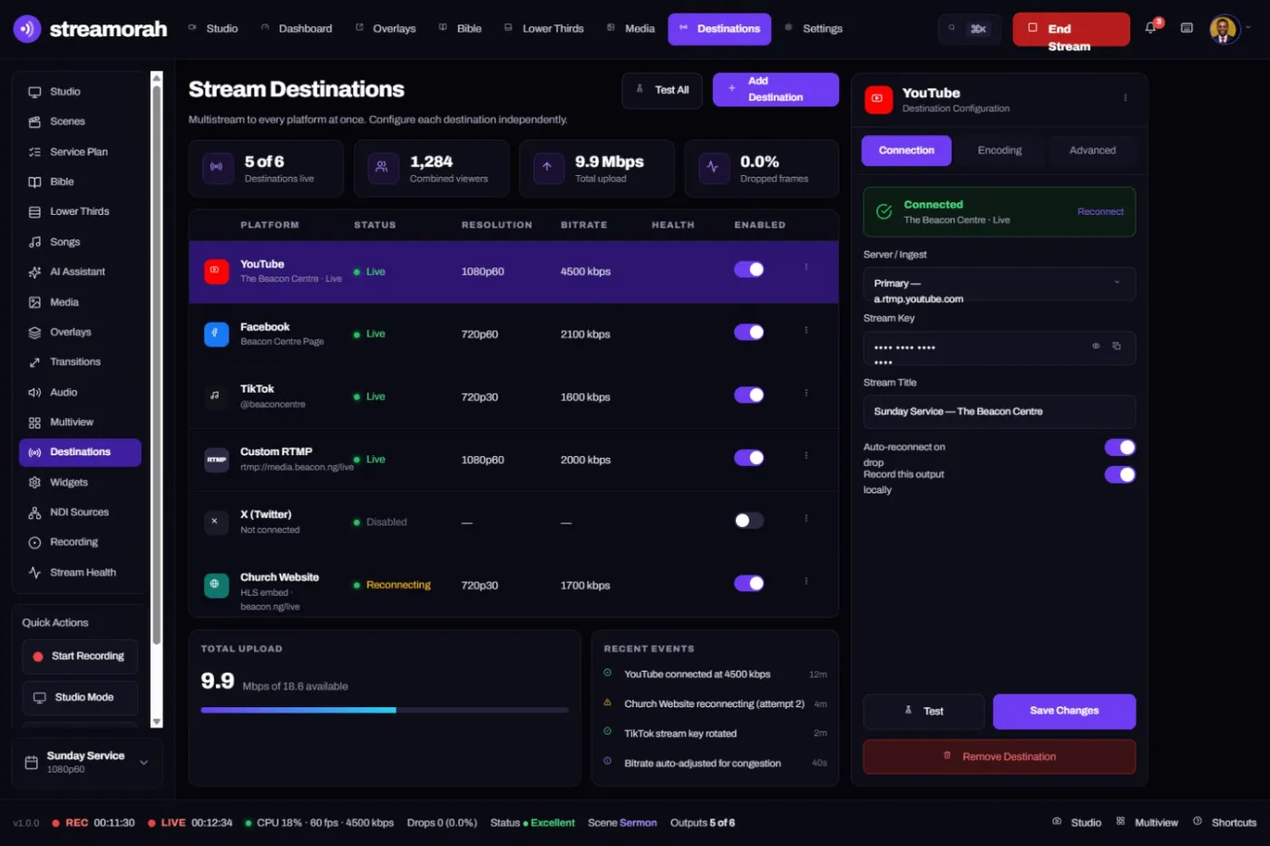 Streamorah destinations and stream health